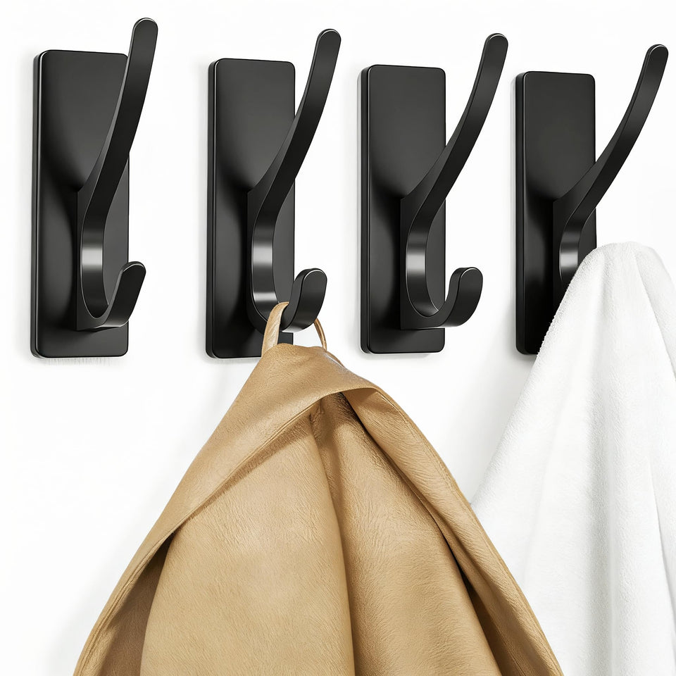 Pickpiff self-adhesive coat hooks 4-pack in matte black for versatile wall storage.