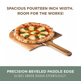 PICNIC TIME Acacia pizza peel used as serving board on table.
