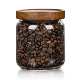Piconesper small glass storage jar with wooden lid showing 500ml capacity for dry goods to keep foods fresh longer.