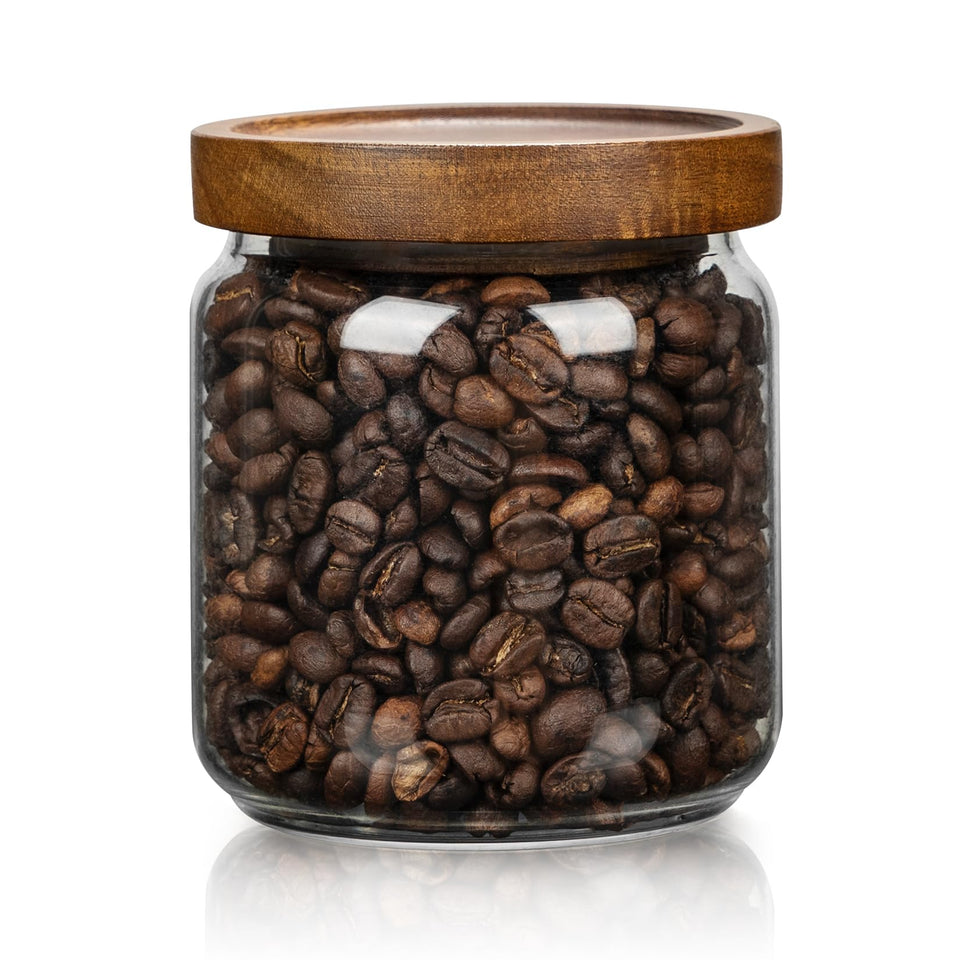 Piconesper small glass storage jar with wooden lid showing 500ml capacity for dry goods to keep foods fresh longer.