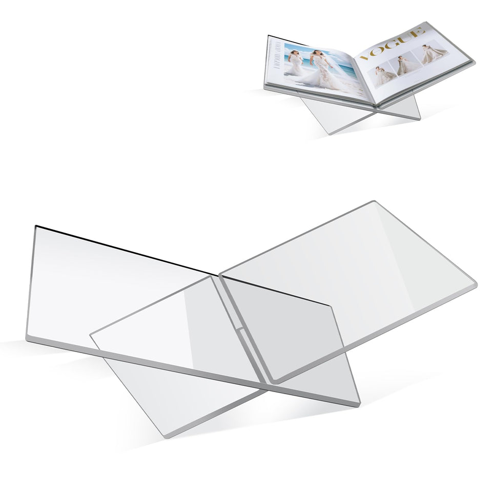 PIDINUK clear acrylic book stand with cross-frame assembly for stable viewing.