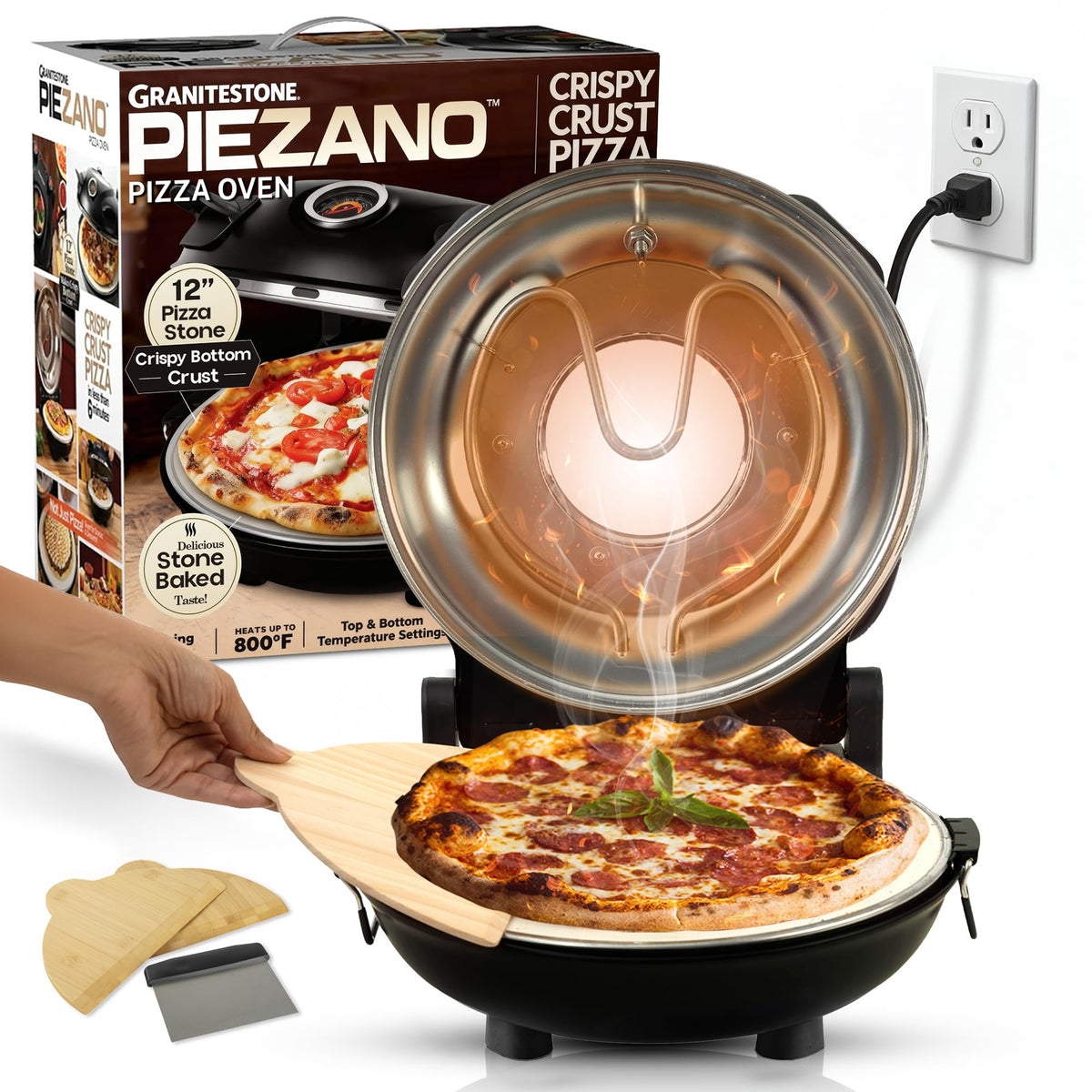PIEZANO 12-Inch Electric Pizza Oven front view for compact countertop pizzas