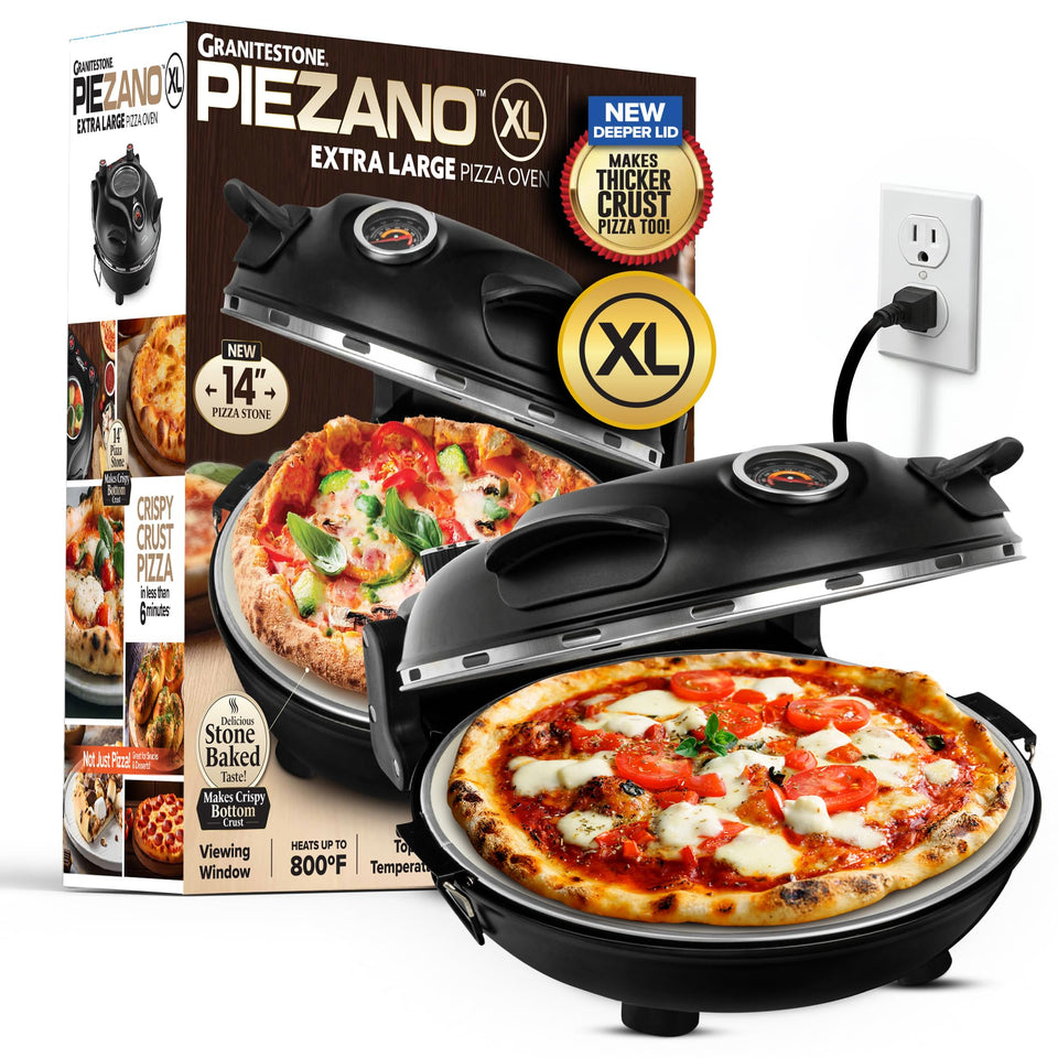 PIEZANO XL pizza oven countertop view highlighting compact design for quick homemade pizzas.