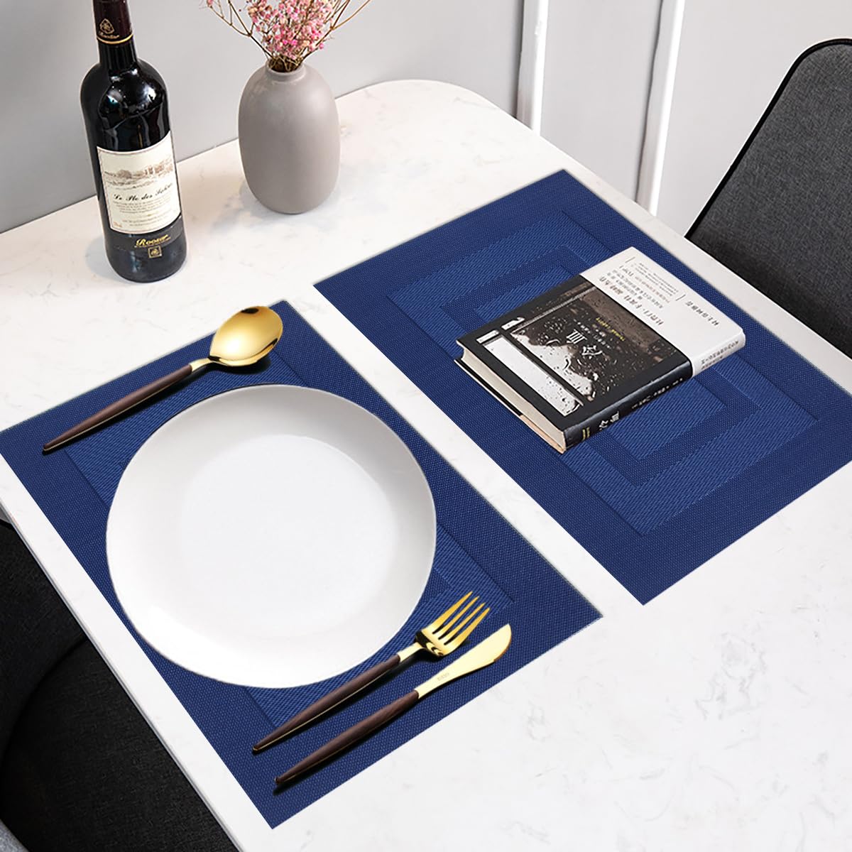 PIGCHCY placemats navy blue showing non-slip bottom keeping plates steady