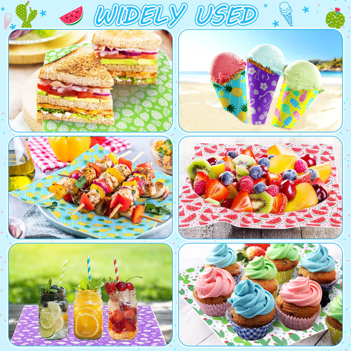 Piklodo summer-design wax paper sheet enhances food presentation for gatherings.