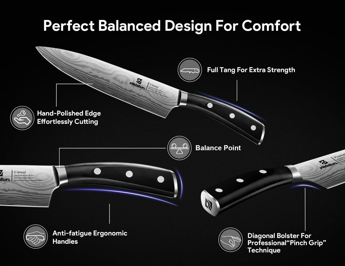 Piklohas Damascus-pattern blade enhances precision slicing with enduring edge.