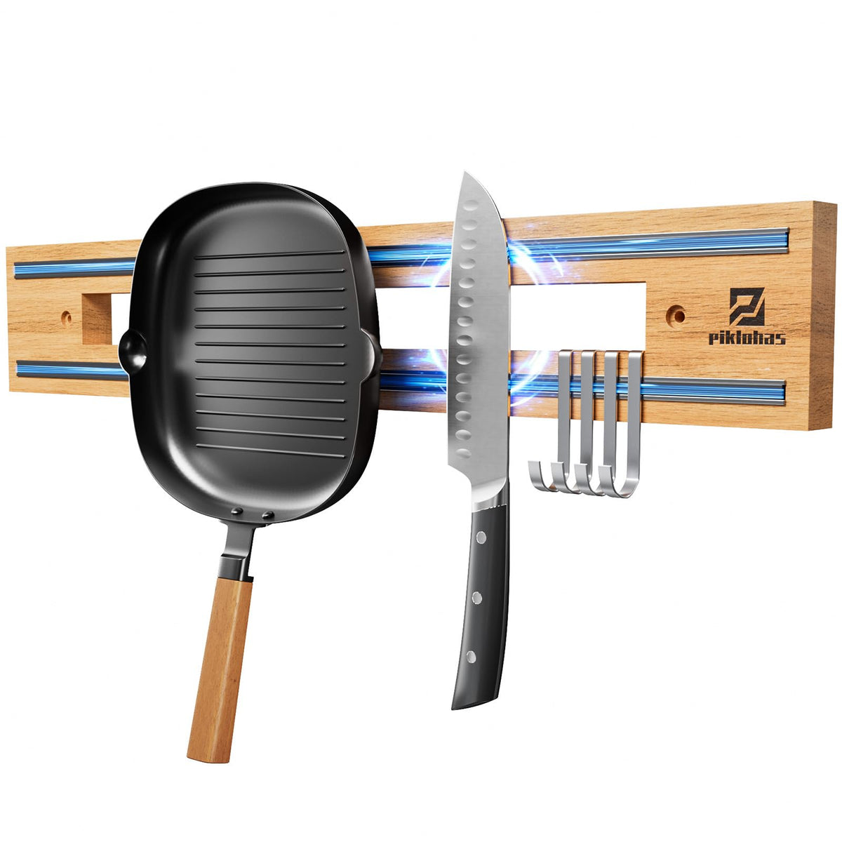 Piklohas magnetic knife holder on wall demonstrates space-saving storage.
