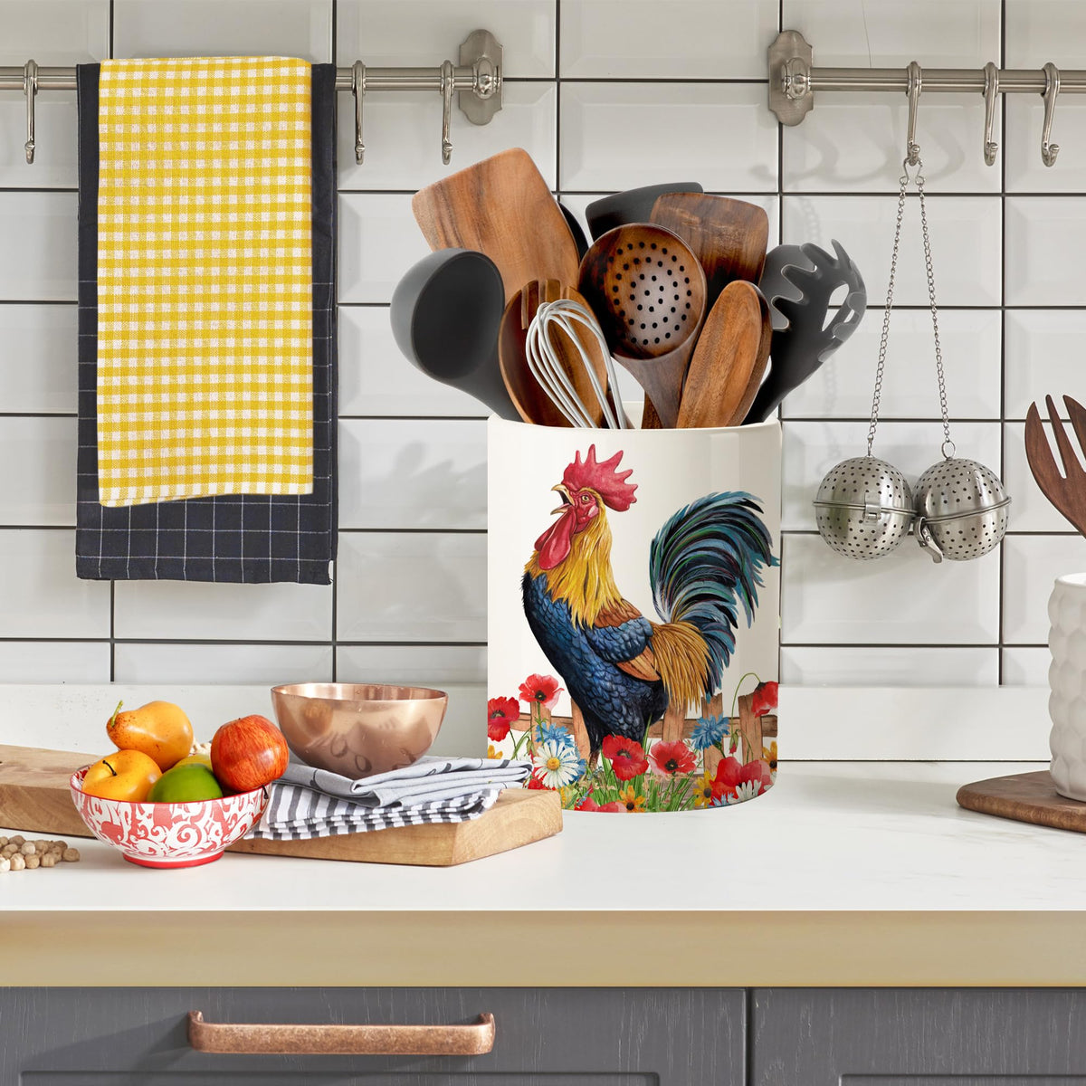Pinata Rooster Kitchen Decor on countertop with neatly organized tools.