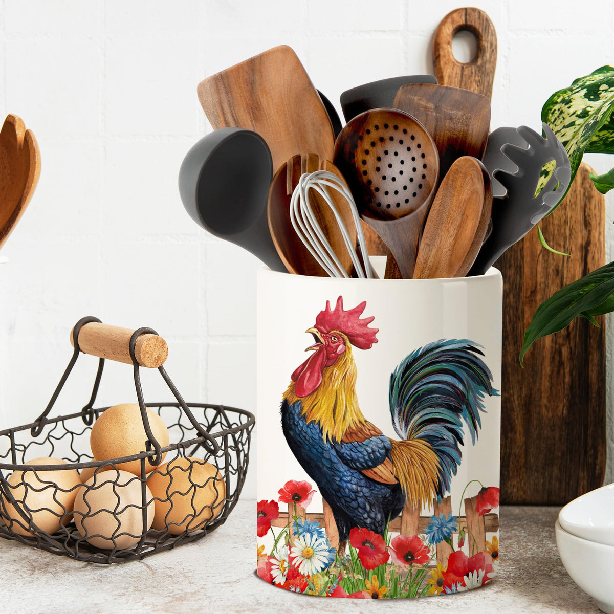 Pinata Rooster Utensil Holder displayed for farmhouse style in home spaces.