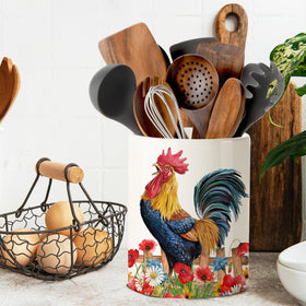 Pinata Rooster Utensil Holder displayed for farmhouse style in home spaces.