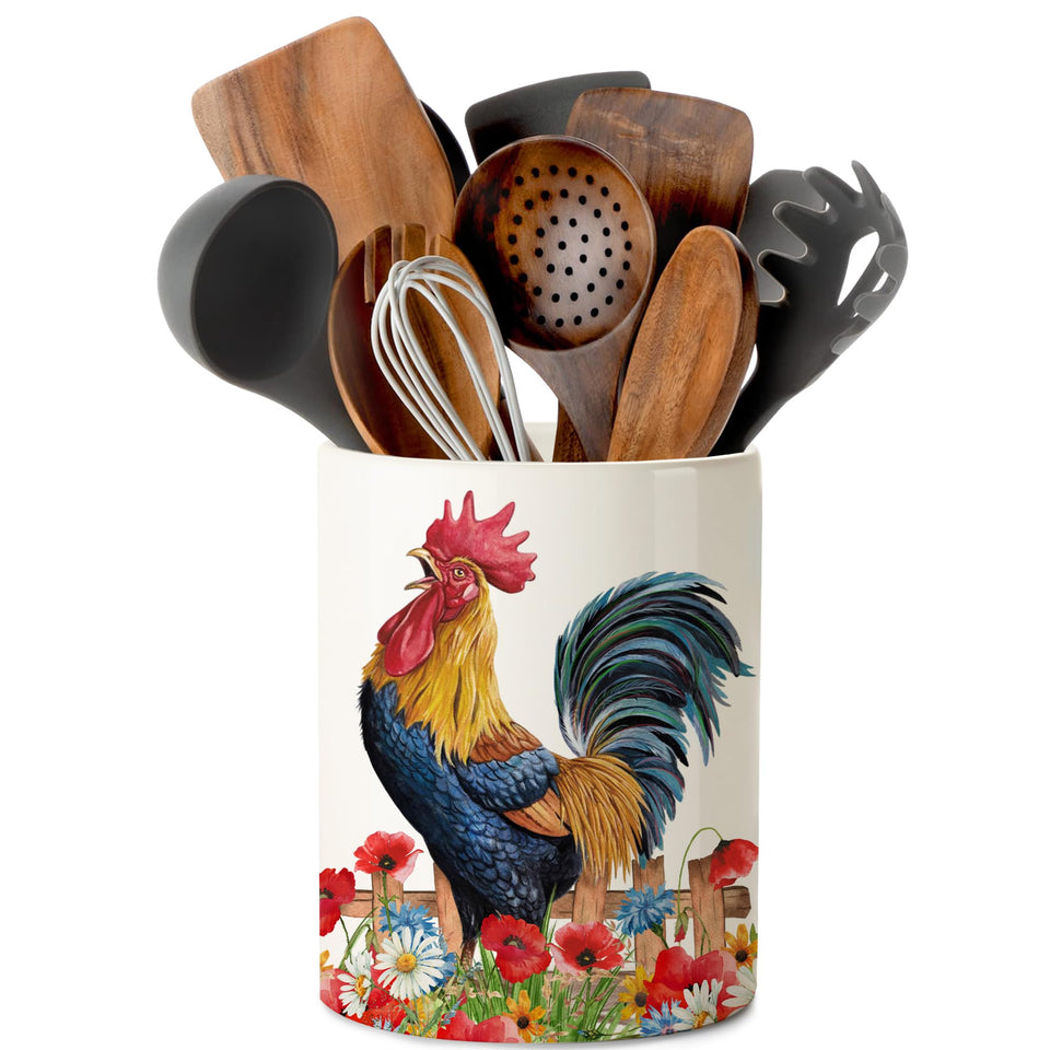 Pinata Rooster Utensil Holder front view with vibrant hand-painted pattern for kitchen organization.