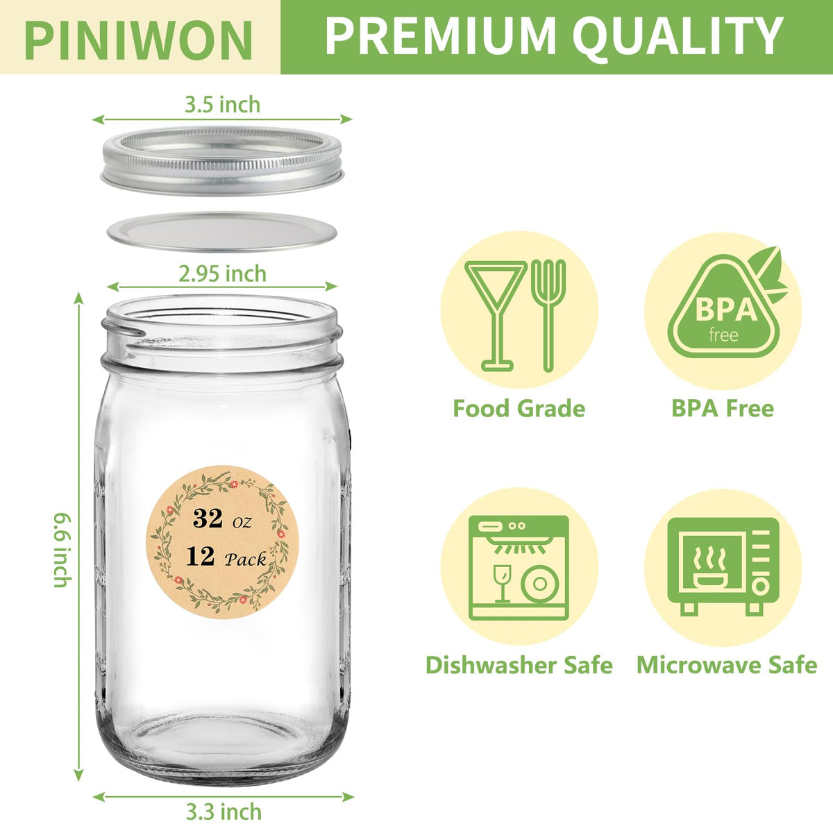 PINIWON mason jar with screw lid and band seals freshness and prevents leaks.