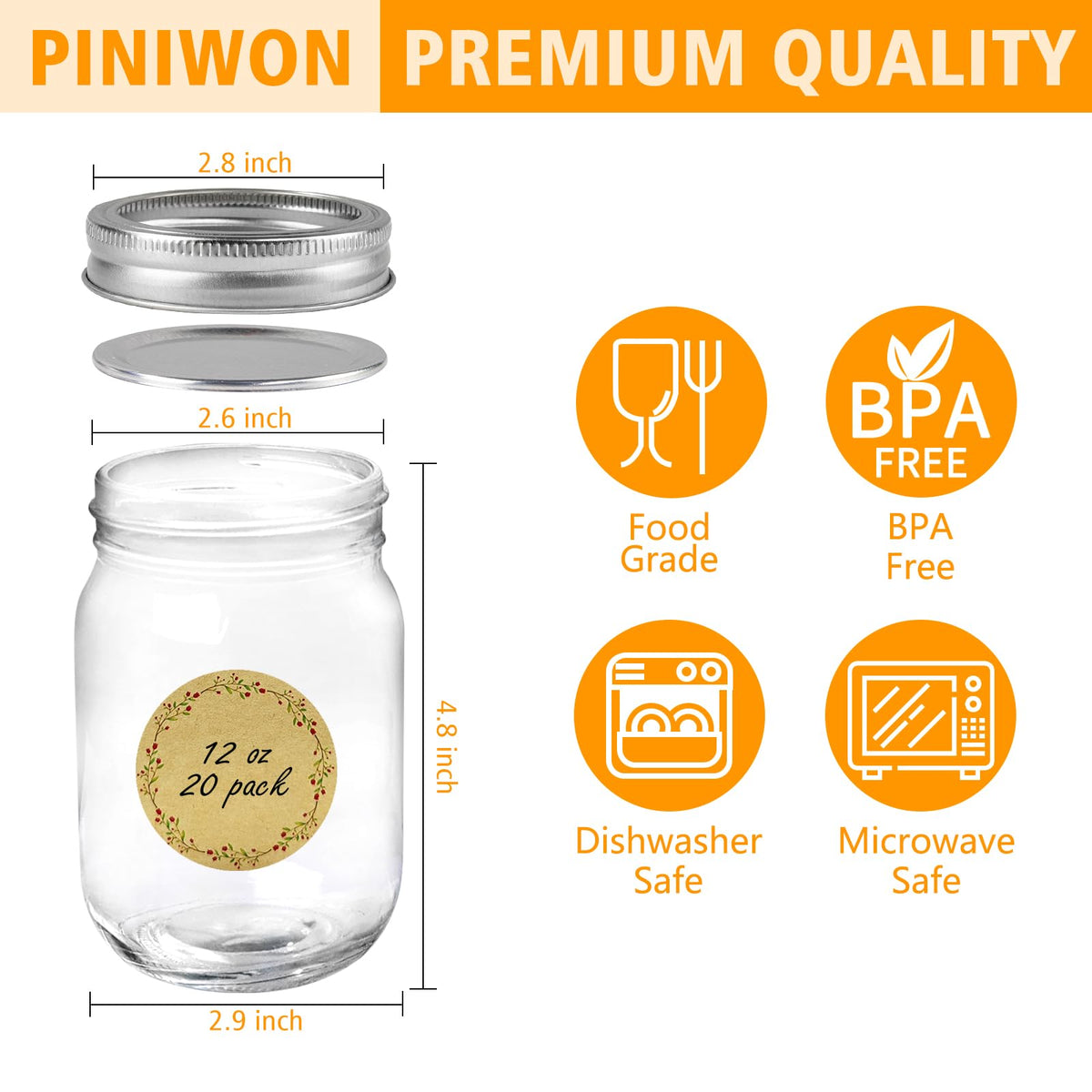 PINIWON glass jar with silver lid and band provides a tight seal for freshness.