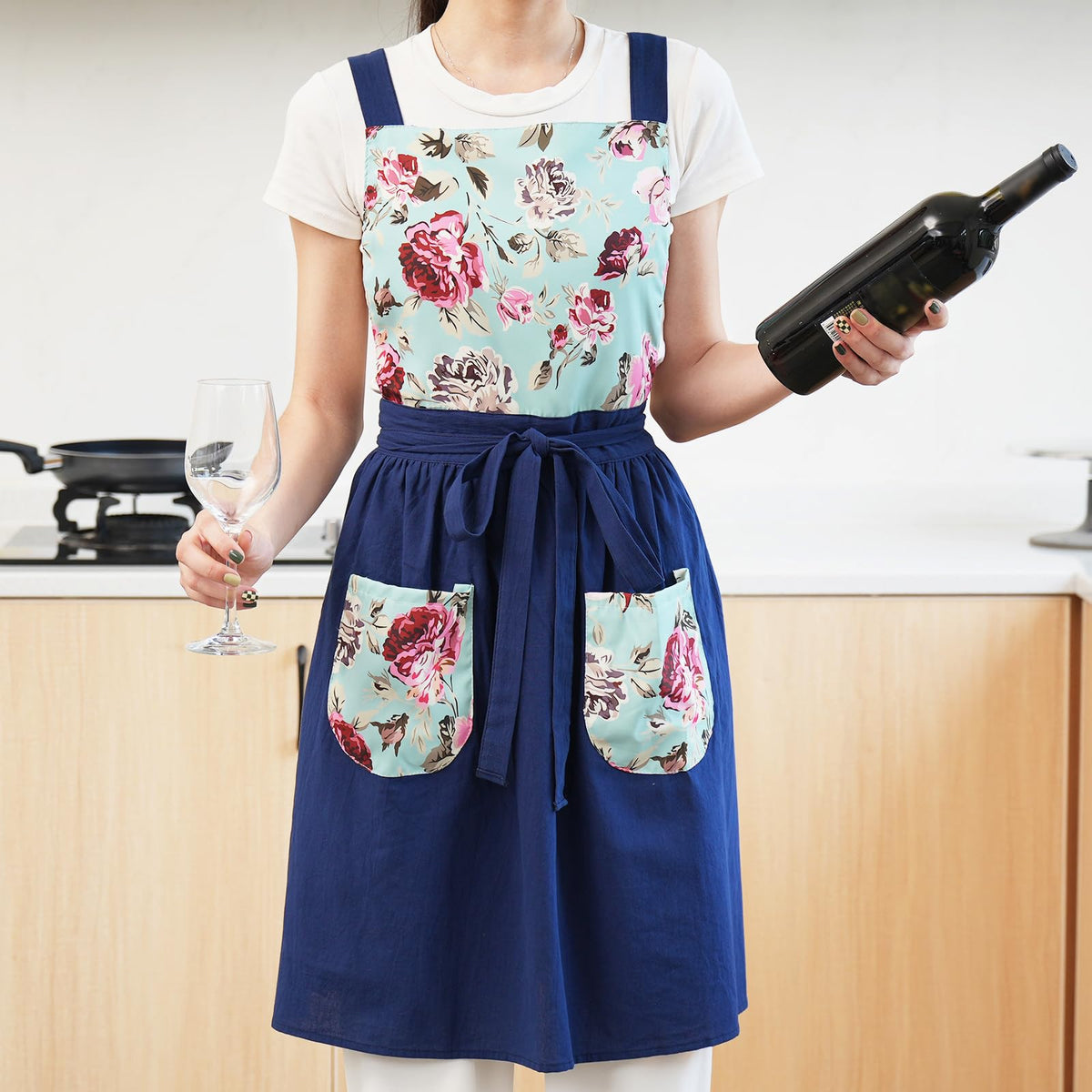 Pinknoke navy apron in garden kitchen scene for cooking and gardening