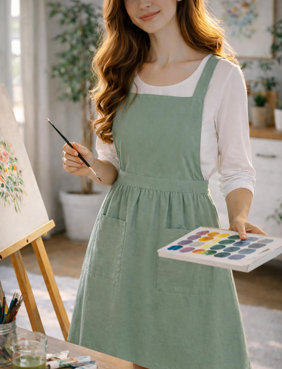 Pinknoke cotton linen pinafore shows skirt length for ample coverage.