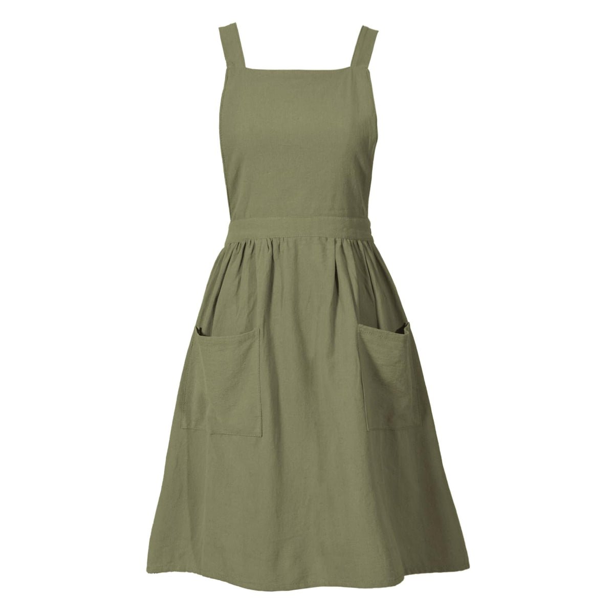 Pinknoke olive-green pinafore apron front view highlighting versatile kitchen and craft use