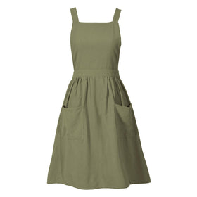 Pinknoke olive-green pinafore apron front view highlighting versatile kitchen and craft use