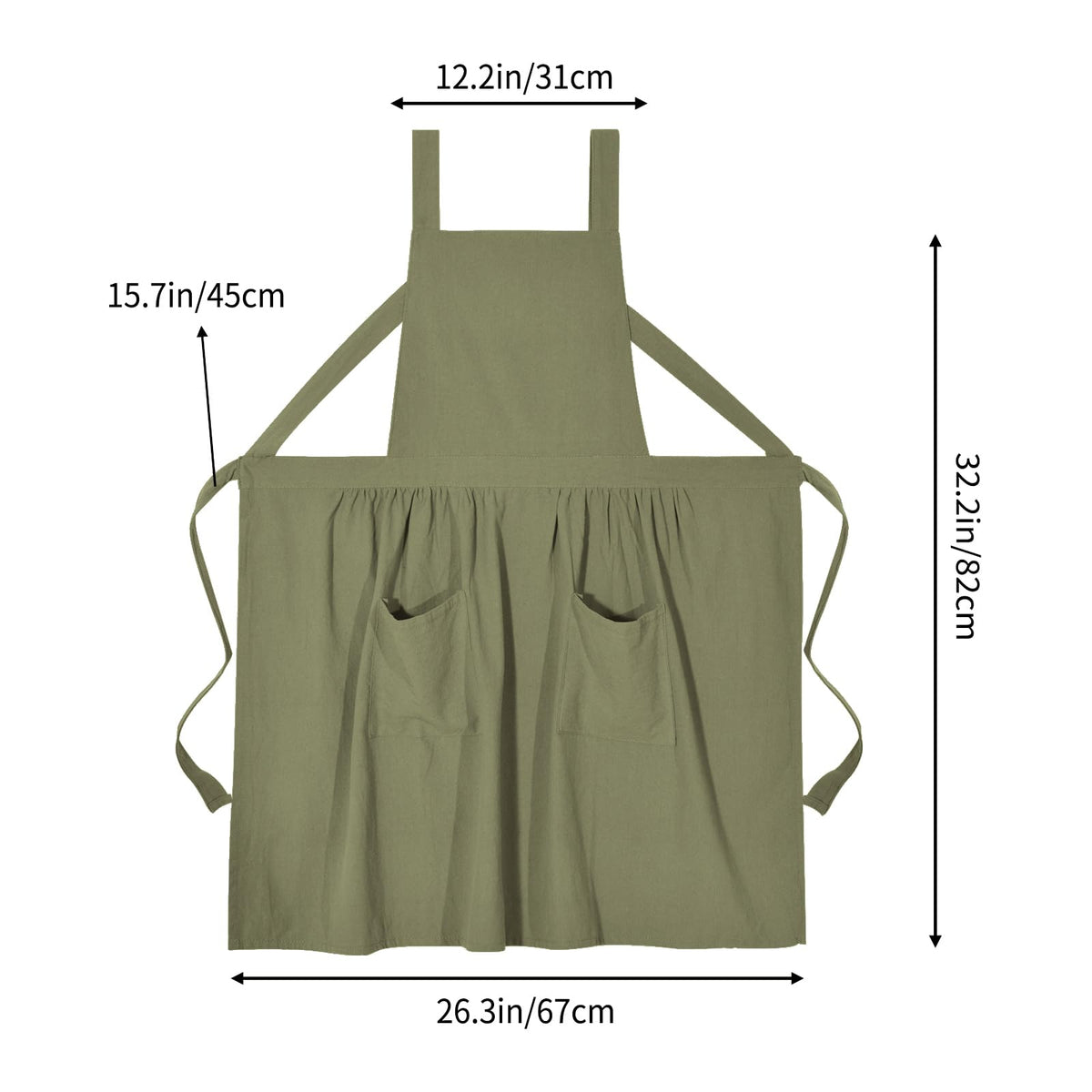 Pinknoke olive-green pinafore apron in kitchen setting