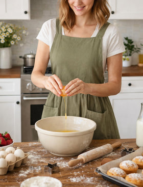 Pinknoke olive-green pinafore apron pocket detail keeps tools within reach