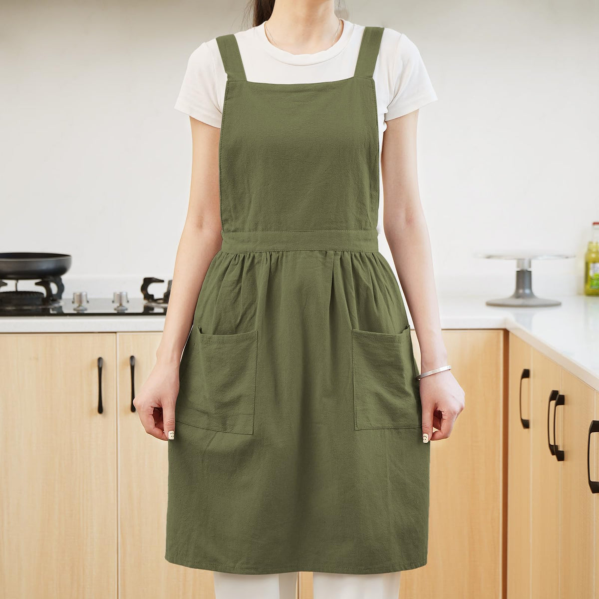 Pinknoke olive-green pinafore apron care-friendly design for easy washing