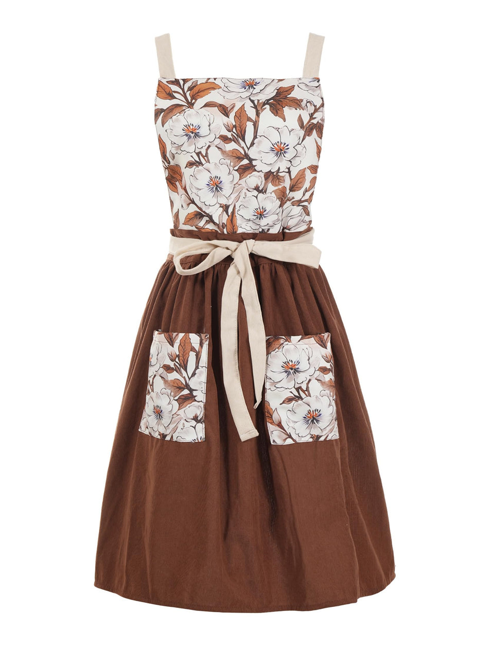 Pinknoke vintage pinafore apron brown with pockets for easy ingredient access.