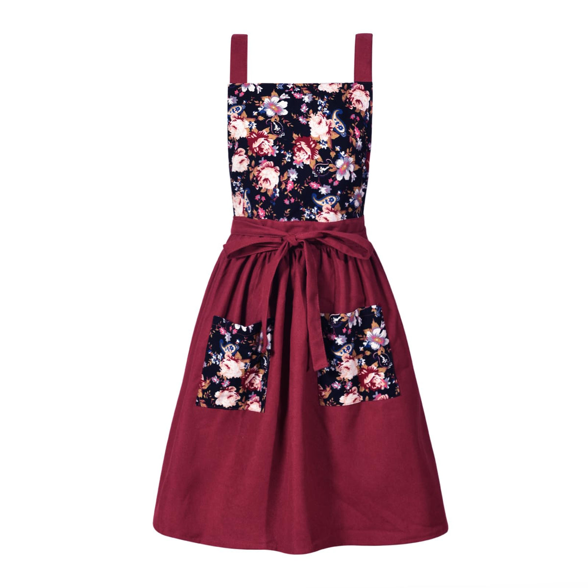Pinknoke Vintage Pinafore Apron Dress with pockets in claret, ready for daily cooking.