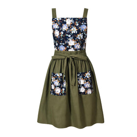 Pinknoke Vintage Pinafore Apron Dress in olive green, front view for kitchen use.