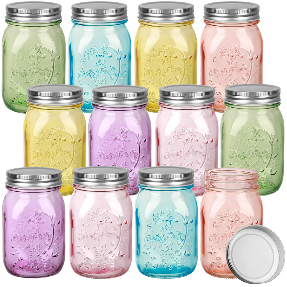 Pinkunn 12-pack colored mason jars with lids for vibrant storage