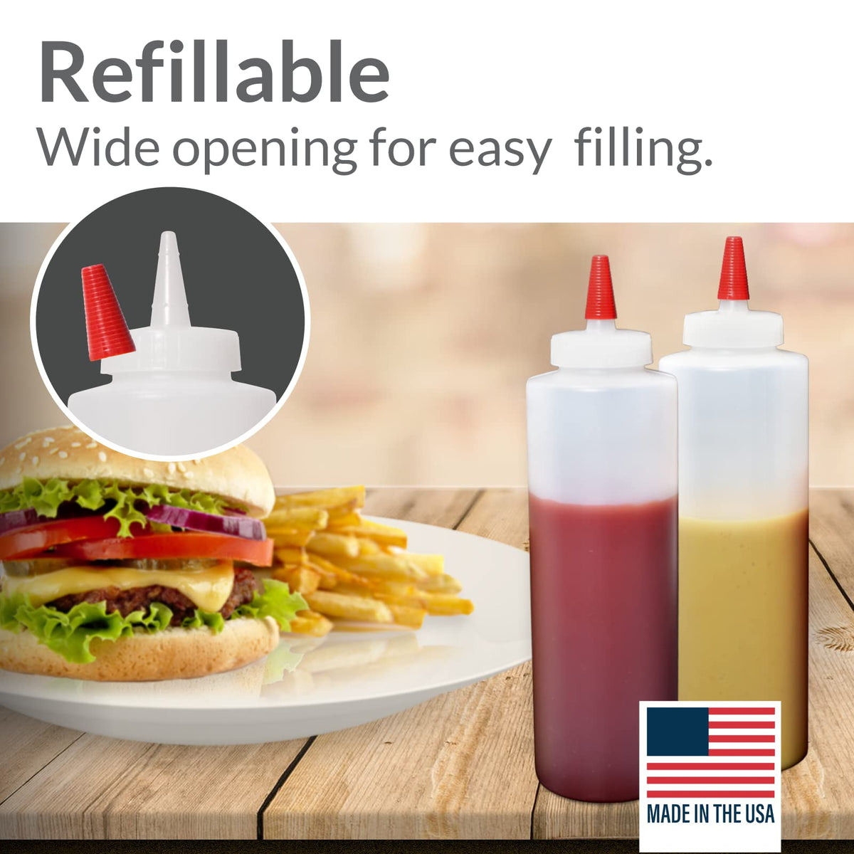 Pinnacle Mercantile refillable 16 oz bottles help reduce waste and simplify ingredient rotation.