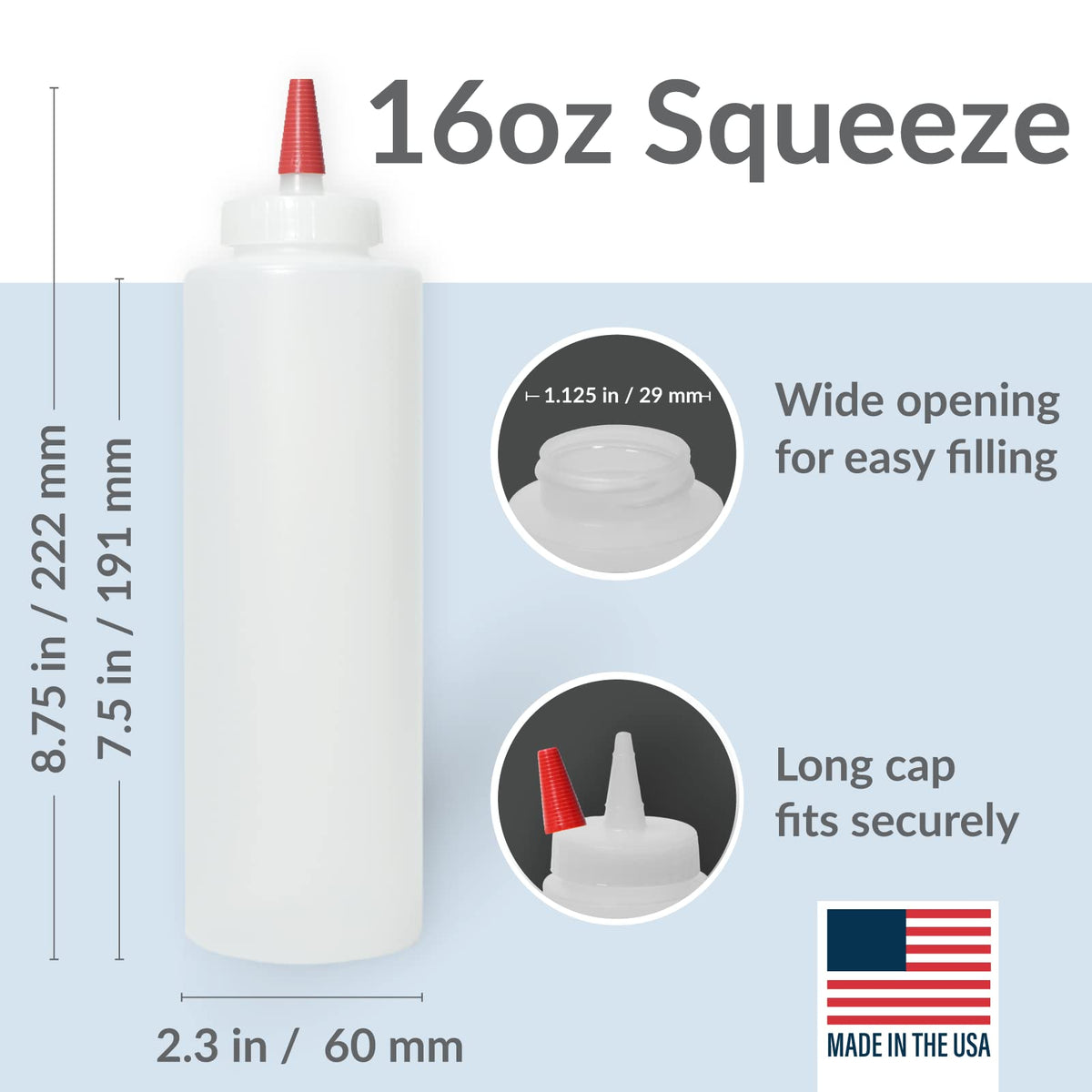 Pinnacle Mercantile squeeze bottle with red tip demonstrates precise nozzle for controlled drizzle.