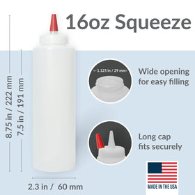 Pinnacle Mercantile squeeze bottle with red tip demonstrates precise nozzle for controlled drizzle.