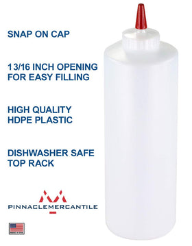 Pinnacle Mercantile 32oz squeeze bottle with leakproof cap prevents drips during service.