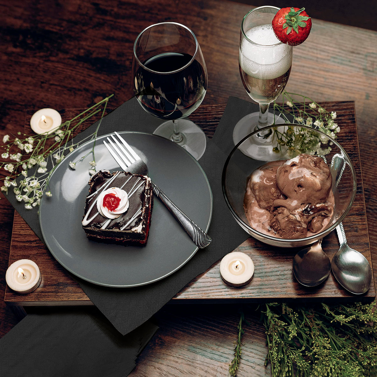 Large 9x9 unfolded napkins provide generous coverage for guests.
