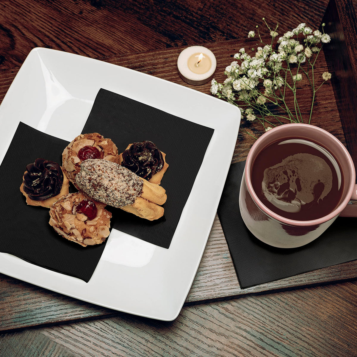 Pinnacle Supply disposable napkins help protect tabletops from moisture rings.