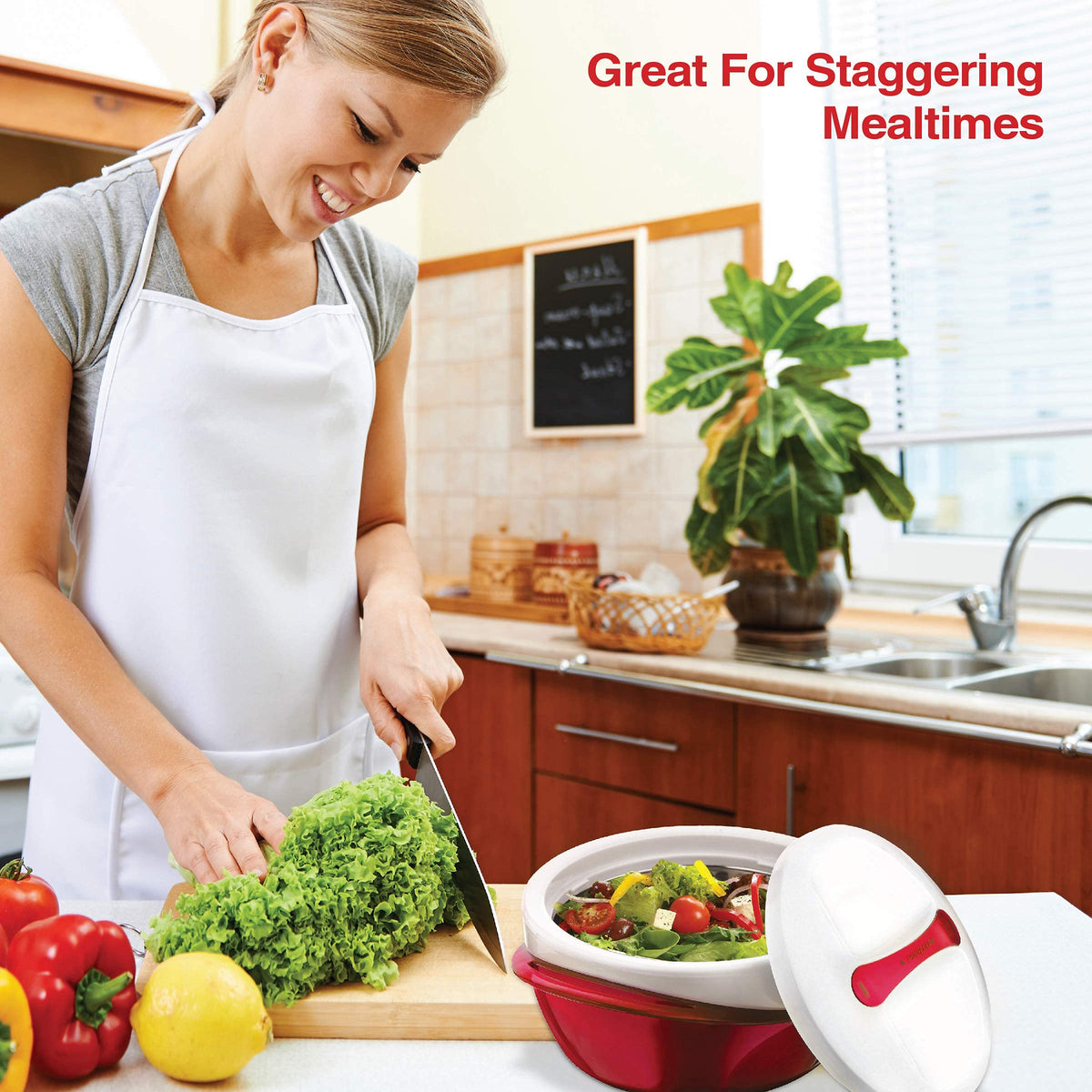 Pinnacle Thermo Lux insulated bowl with handles for easy transport and serving.