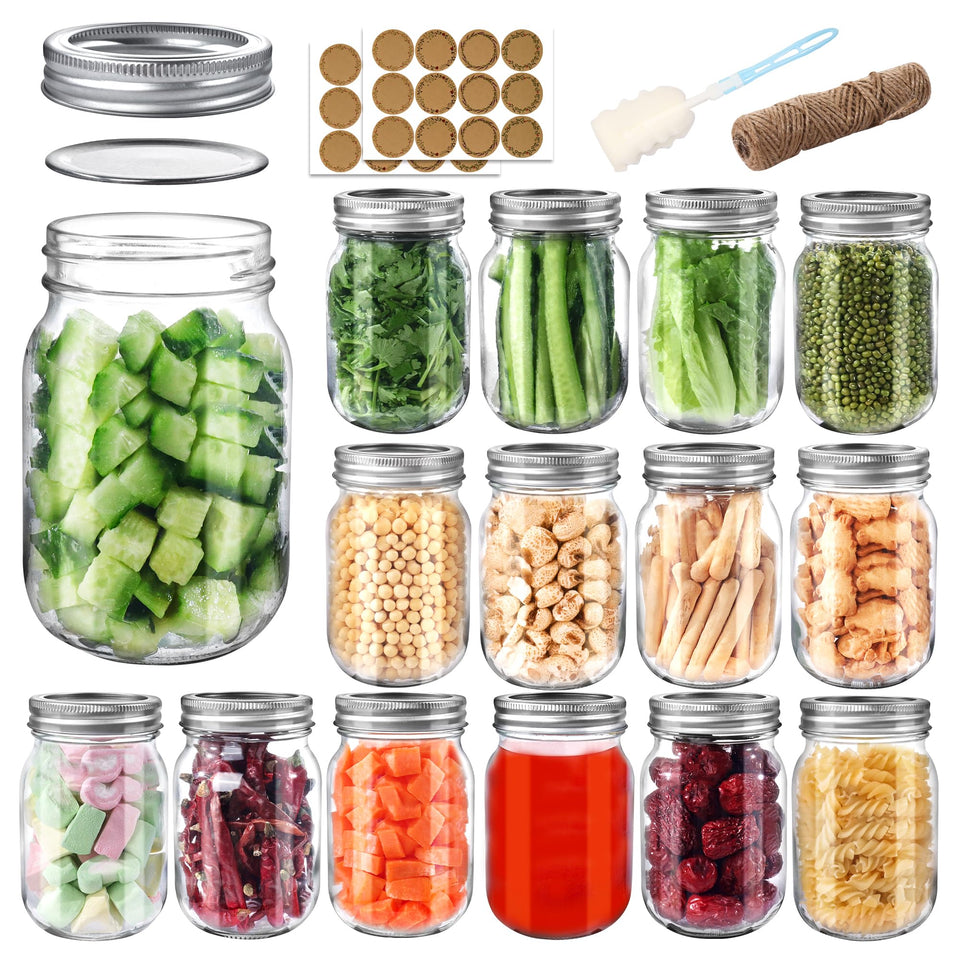 PINIWON 16oz mason jar with lids, clear glass ideal for canning and storage.