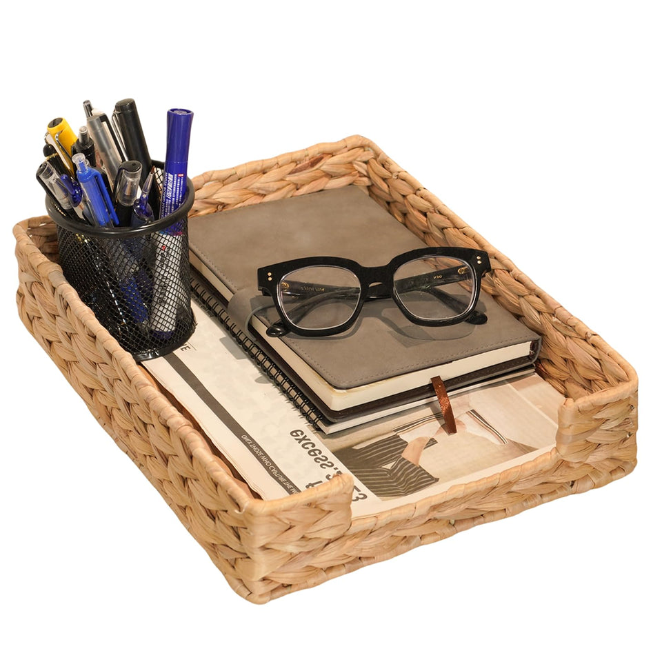PINXIURY Water Hyacinth Letter Tray front view showing sturdy desk organization