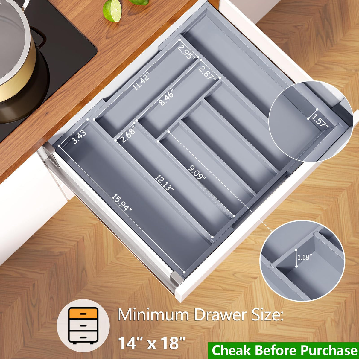 Pipishell adjustable divider highlights compartments for silverware, jewelry, or small tools.
