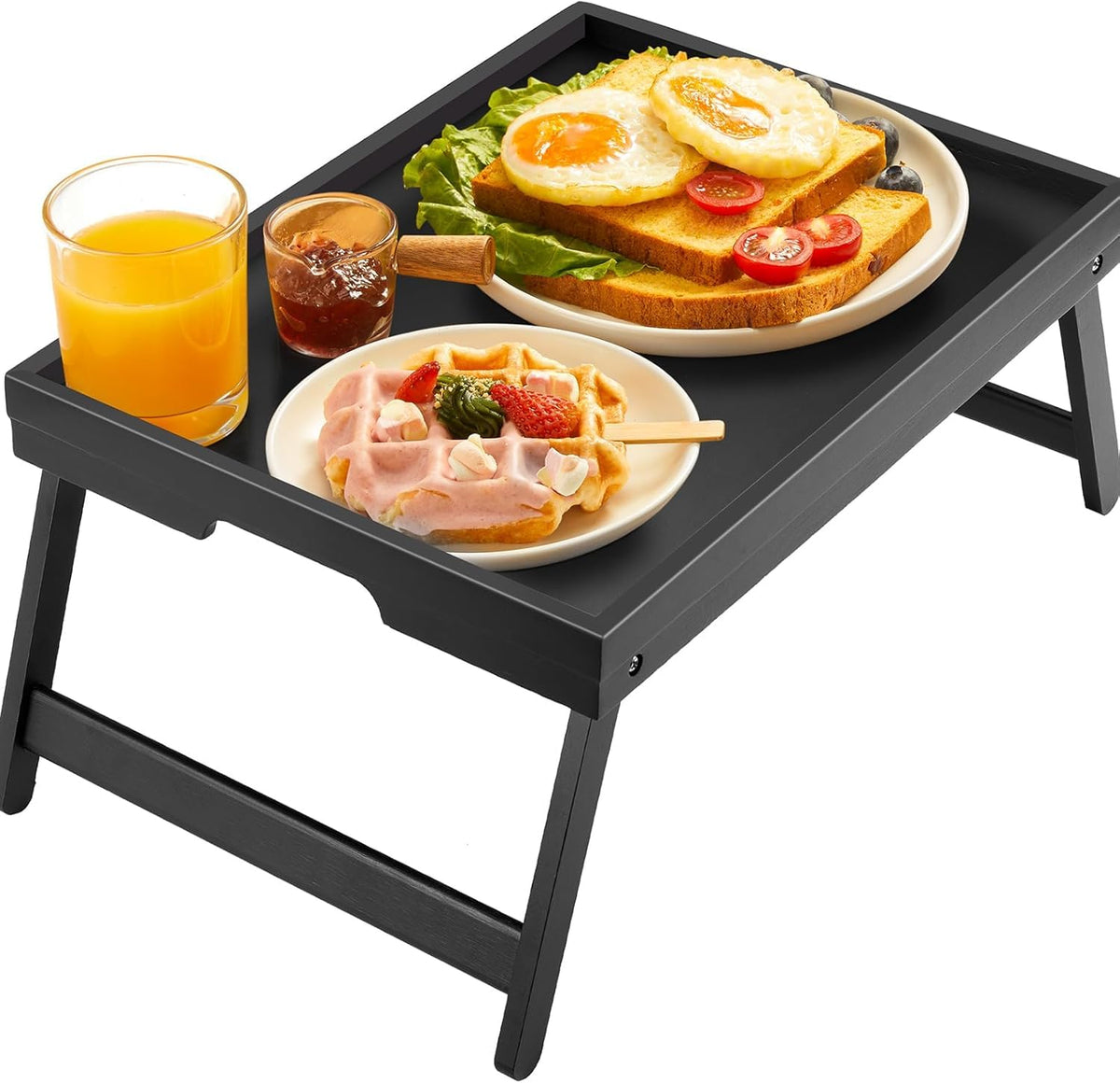 Pipishell bamboo bed tray opened with foldable legs for laptop use.