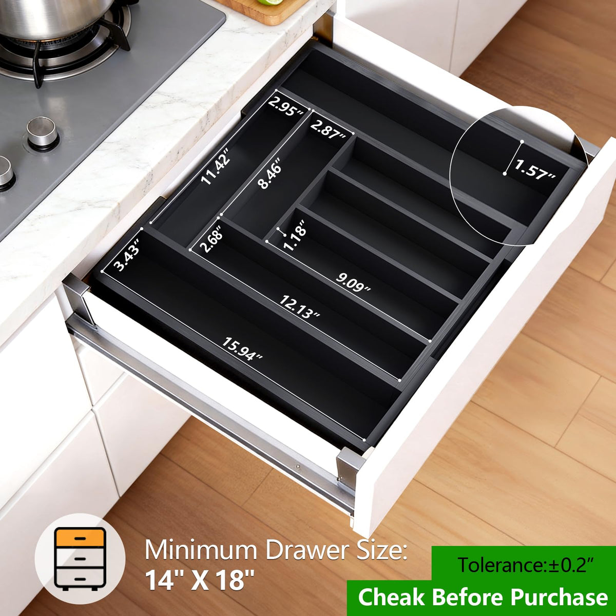 Pipishell bamboo divider in wood drawer for tidy cutlery and gadgets.