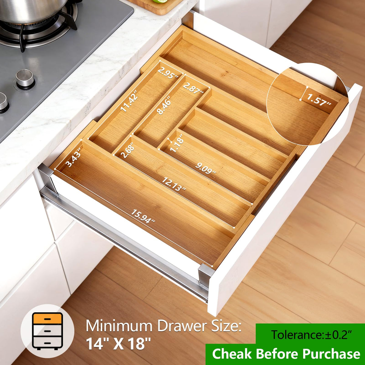 Pipishell bamboo drawer organizer in-drawer view shows adjustable compartments for varied utensils