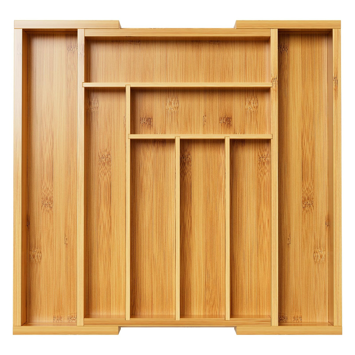 Pipishell bamboo expandable drawer organizer demonstrating space saving utensil storage.
