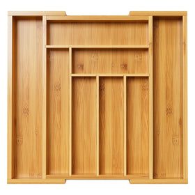 Pipishell bamboo expandable drawer organizer demonstrating space saving utensil storage.
