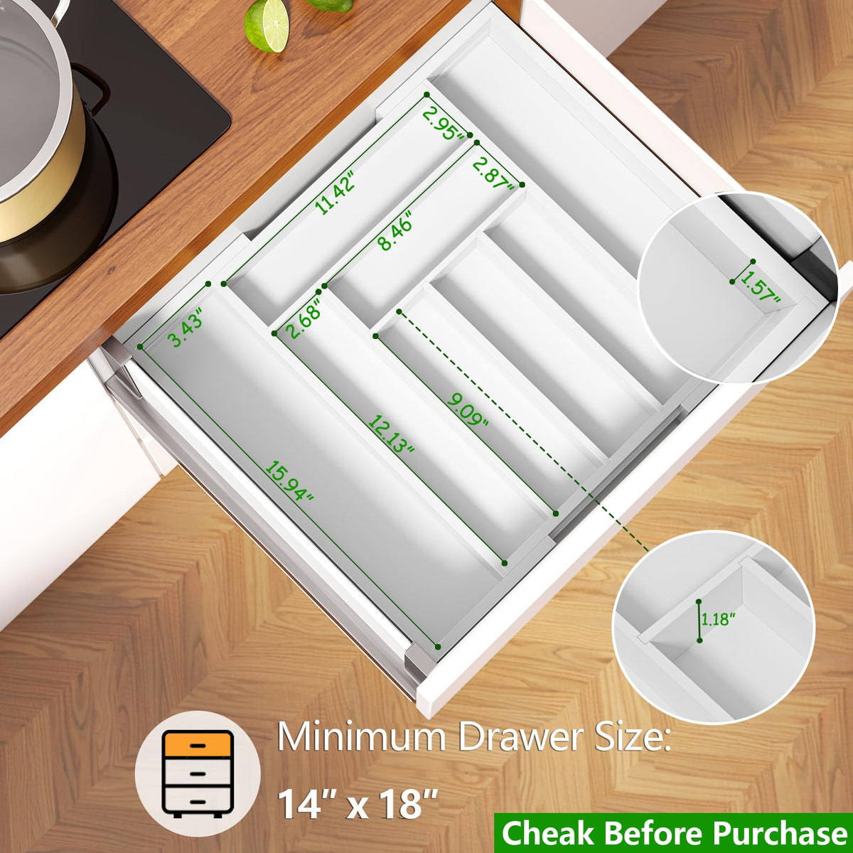 Pipishell bamboo wood drawer dividers create organized compartments for cutlery and small items.