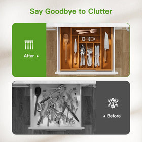 Pipishell bamboo drawer insert demonstrates durable, easy-clean storage.