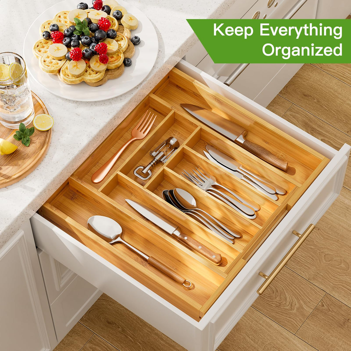 Pipishell wood drawer dividers creating neat compartments in a drawer.
