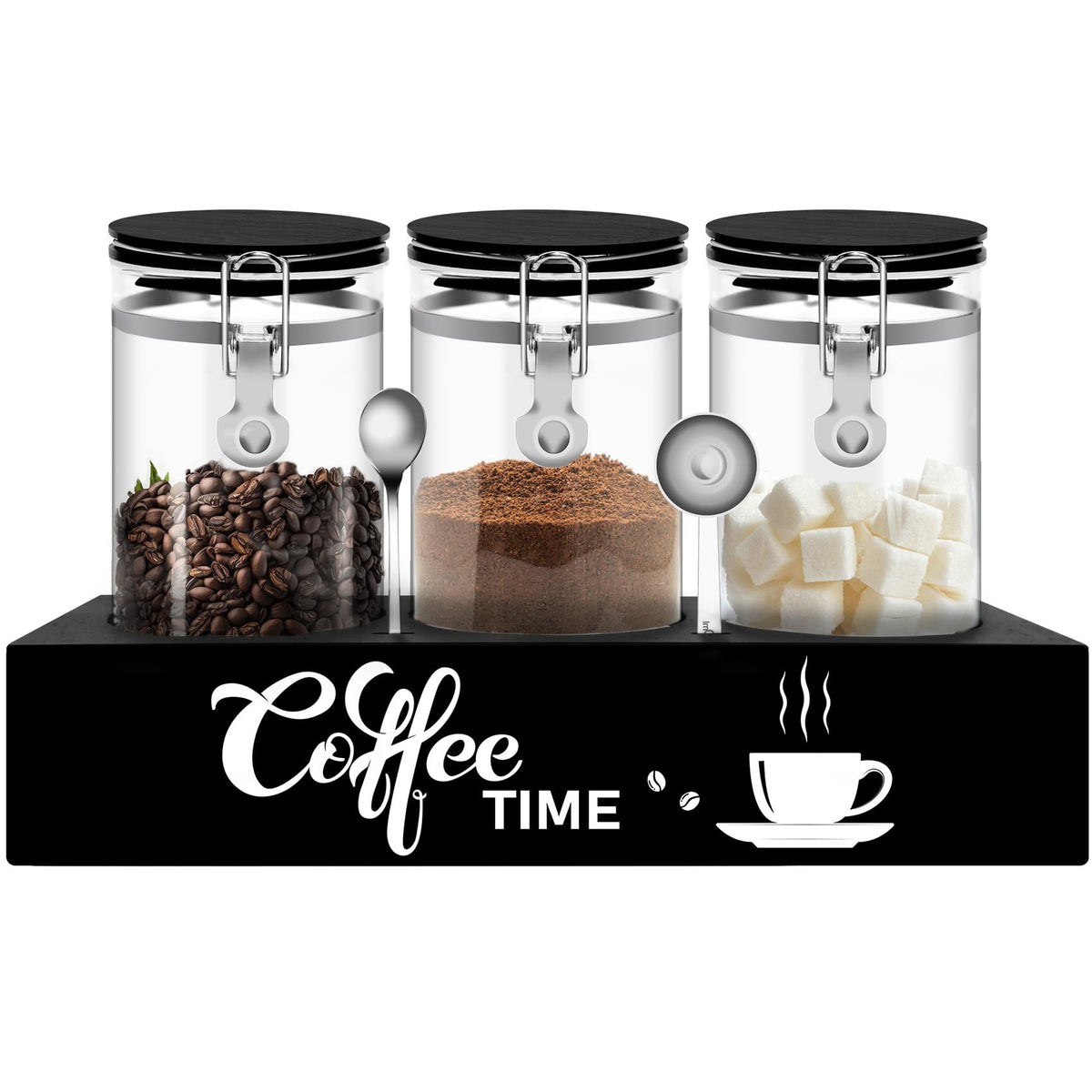 PIQUATOOL 3-piece glass coffee containers on a shelf for organized kitchen storage