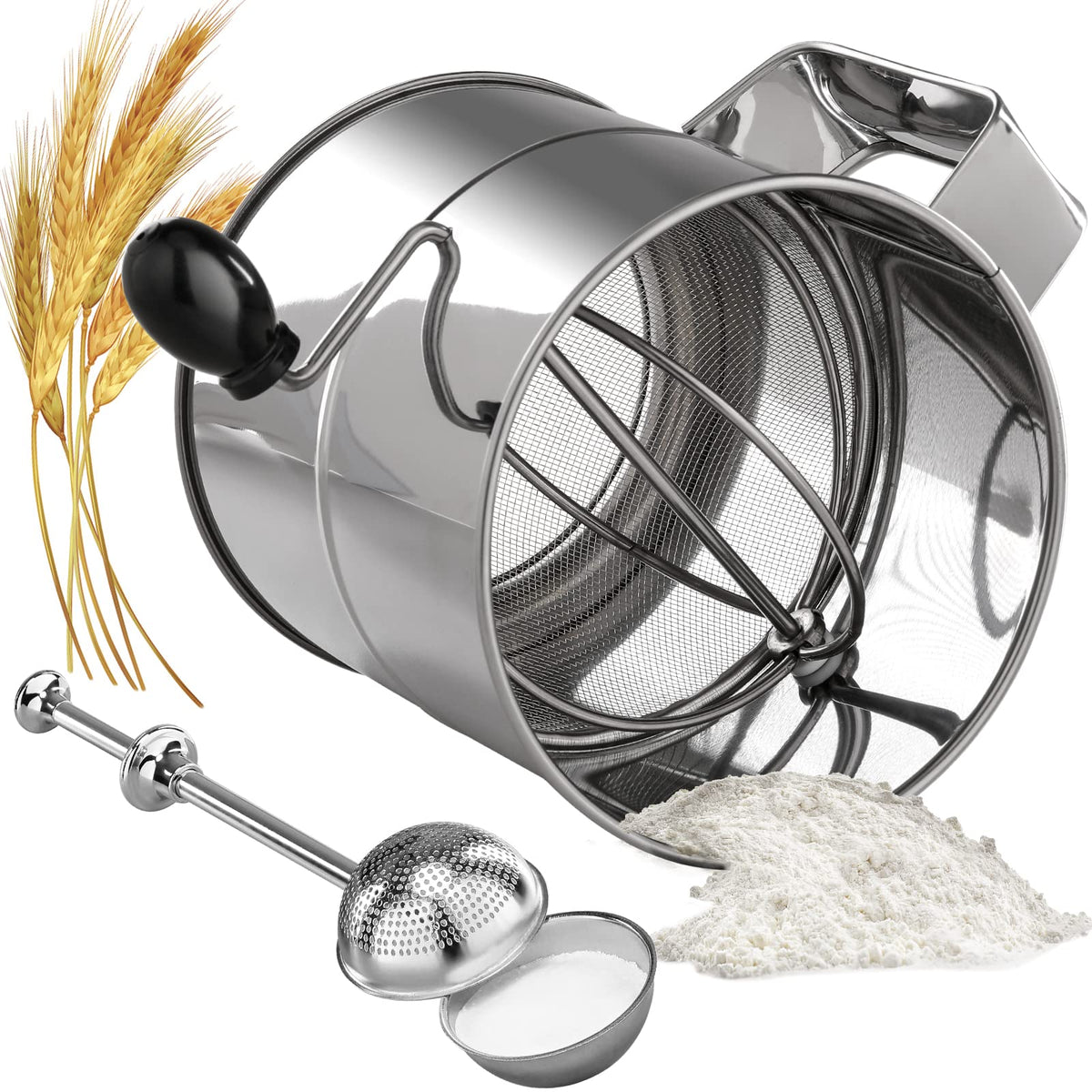 PIQUEBAR flour sifter front view showing 8-cup capacity for bulk baking