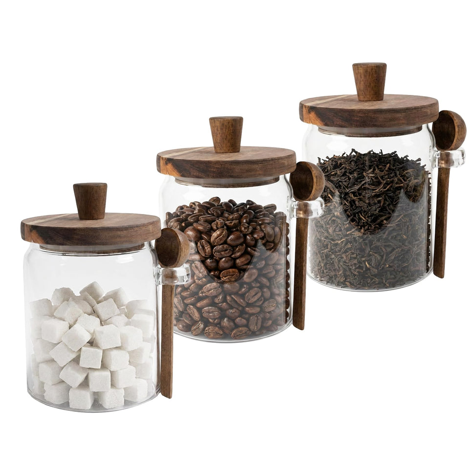 Piscepio glass jar set front view shows three clear containers for pantry organization