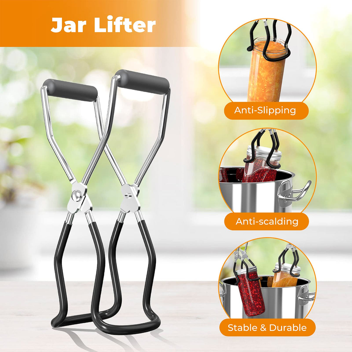 Pisol jar lifter keeps jars upright when lifting from boiling water.